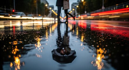Photo of reflection of a couple holding hands in a puddle on a wet city street at night with blurred car lights creating a bokeh effect