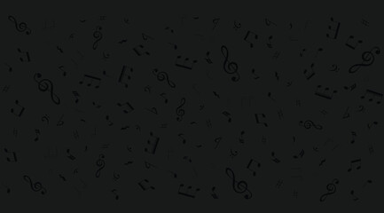 Black background with scattered musical notes and treble clefs pattern