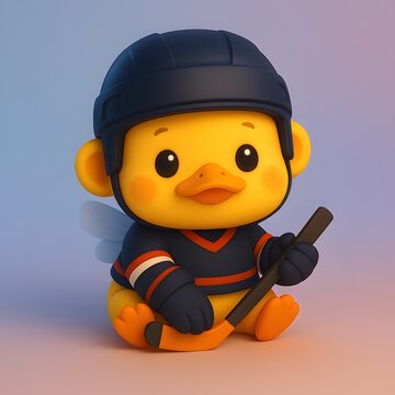 Cute Chibi Duck in Ice Hockey Costume with Stick