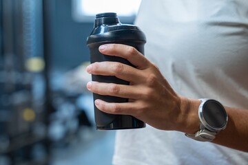 A woman in the gym holds a water bottle staying hydrated during her active workout session