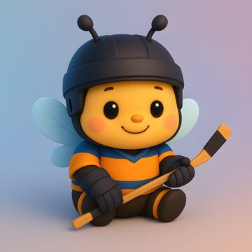 Cute Chibi Bee in Ice Hockey Costume with Stick