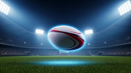 A rugby ball hovers over the green grass of a large professional stadium at night under bright spotlights, representing a championship, competition and the spirit of the sport game