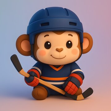 Cute Chibi Ape in Ice Hockey Costume with Stick
