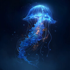 portrays a glowing, bioluminescent jellyfish floating gracefully in a deep, dark ocean environment. The jellyfish emits a radiant blue and orange light