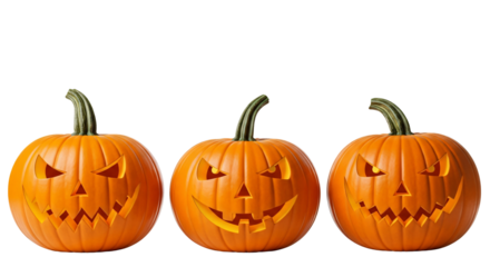 Three carved halloween pumpkins isolated on transparent background