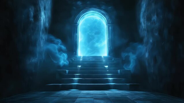 fantasy scene of a glowing blue magic portal with ghosts in a dark hallway