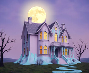 Surreal haunted house with glowing yellow windows under a bright full moon, spooky fantasy night scene