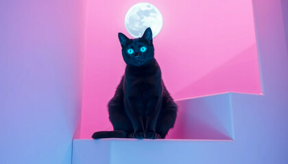 Surreal black cat with glowing blue eyes sitting under a full moon in a pastel pink background, mystical and dreamy atmosphere