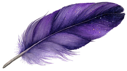 Watercolor Feather Purple Golden Specks White Background Luxurious Sparkle Art