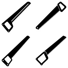 Four black silhouette illustrations of hand saws with different handle styles on a white background