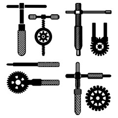 Illustration showing various types of hand tools including gears and threaded rods in black and white style