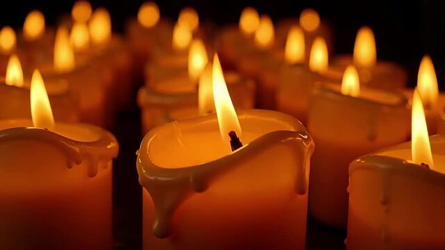 Warm candlelight flickering during a celebration, memorial, or spiritual ritual, creating sincerity and peace in 4k video footage