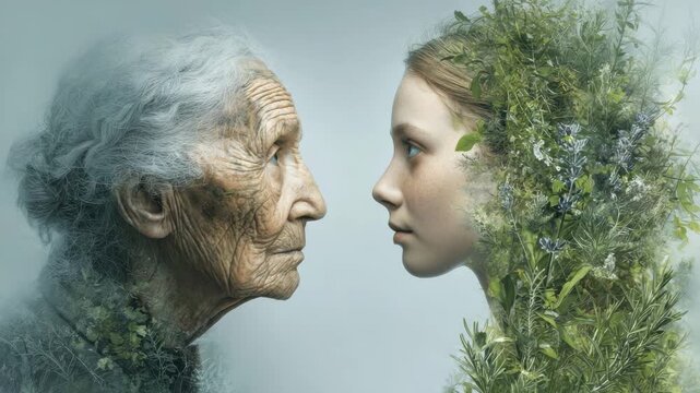 Face of young girl, old grandmother nearby look at each other. Concept of aging process, change of different generations. Age-related skin changes. Human ageing. Present, past future. Life cycles.
