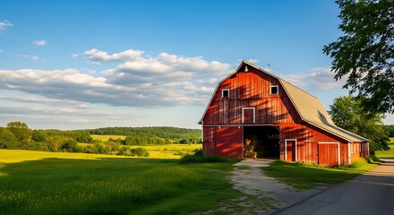 Red Barn with Rural Landscape, and Sunset.