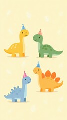Obraz premium Colorful cartoon dinosaurs wearing party hats are gathered together in a cheerful arrangement, showcasing their playful expressions and vibrant designs in a fun celebration atmosphere