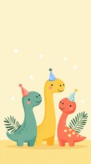 Naklejka premium Colorful cartoon dinosaurs wearing party hats are joyfully celebrating together, surrounded by a cheerful atmosphere with soft pastel colors and playful elements
