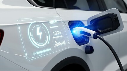 Electric vehicle charging at a modern station, showcasing a digital interface displaying battery status - Powered by Adobe