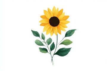 Fototapeta premium Bright sunflower illustration with vibrant yellow petals and rich green leaves, showcasing natural beauty and elegance in a minimalist design, perfect for various creative projects