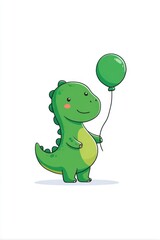 Fototapeta premium Cute green dinosaur character holding a bright green balloon, showcasing a playful and cheerful demeanor in a whimsical illustration style, perfect for children's themes