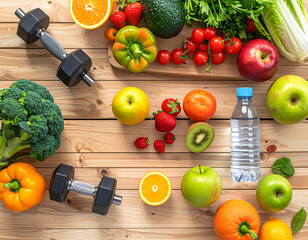 Healthy living essentials fresh fruits vegetables and weights home gym lifestyle flat lay nutrition