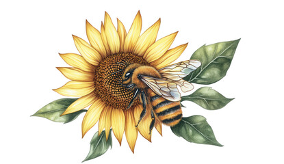 Watercolor sunflower with bee isolated on transparent background, hand drawn art
