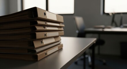 Stack of brown file folders on a light gray desk in an office