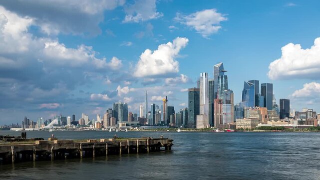 Hudson Yards and Manhattan Skyline Daytime with Clouds Timelapse