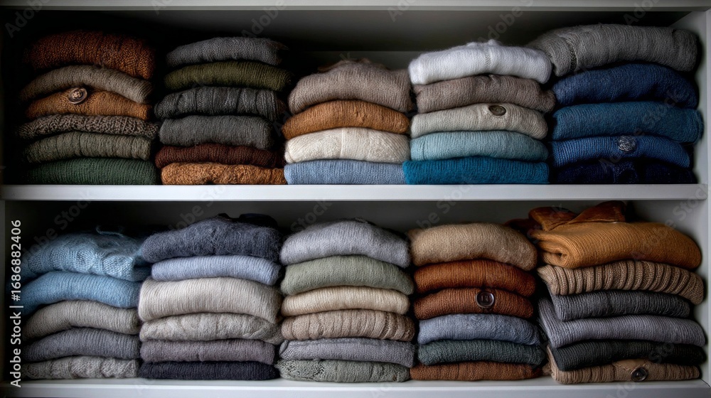 Poster Neat and organized clothing shelf with stacked sweaters in various colors and textures in a cozy setting