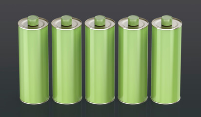Front view of five green round tin bottles for olive oil, motor oil or other liquids on shiny grey background