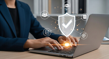 Secure Business Operations Woman Typing on Laptop with Data Protection and Cybersecurity Shield Digital Icons Meeting
