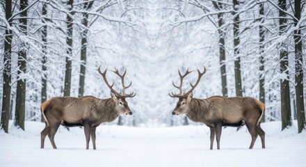 Obraz premium Two majestic red deer in a snowy forest
