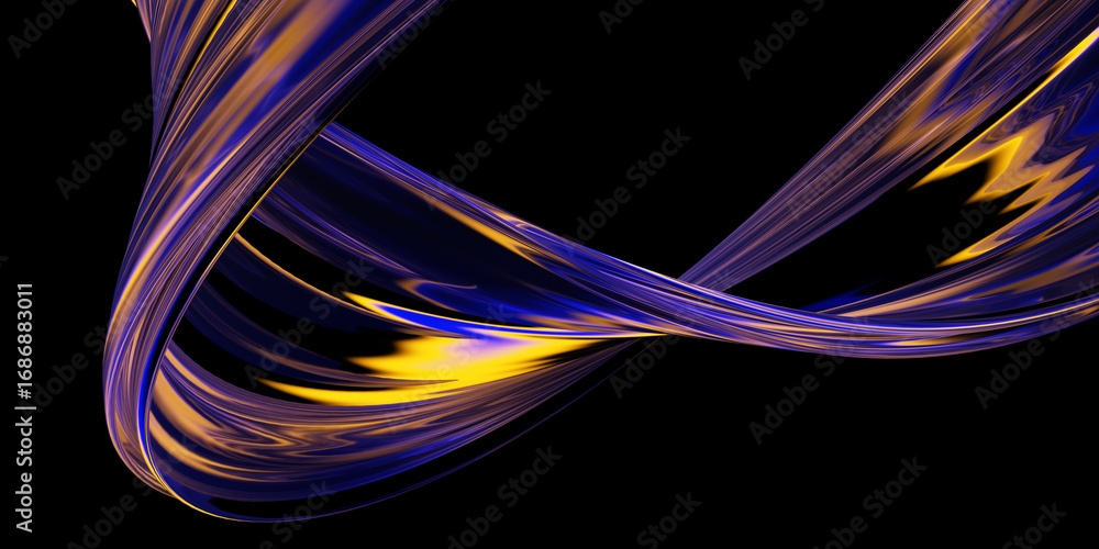 Poster glass wavy shape with colorful dispersion effect. 3d render isolated on black.