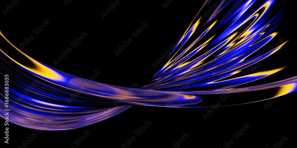 Poster glass wavy shape with colorful refraction 3d render. isolated on black.