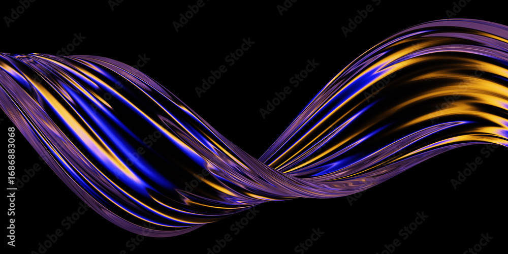 Poster glass wavy shape with colorful refraction 3d render. isolated on black.