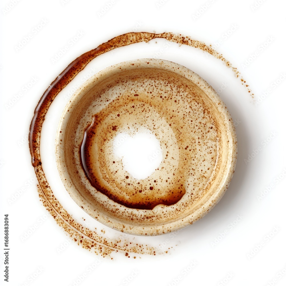 Poster abstract artistic circular brown traces creating unique patterns on white surface from coffee drops