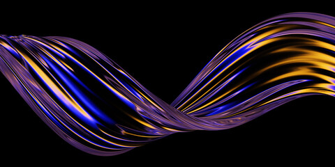 Glass wavy shape with colorful refraction 3d render. Isolated on black.