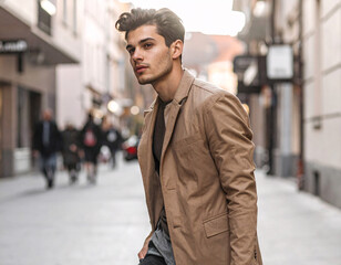 Stylish young man walking in urban street fashion photography city environment candid viewpoint modern lifestyle