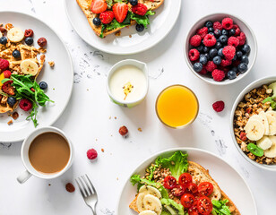 Delicious healthy breakfast spread cozy kitchen table food photography bright environment top-down view nutritional concept