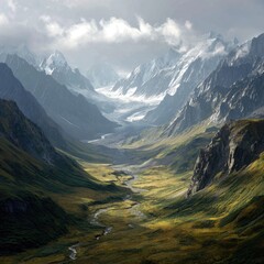 Obraz premium Remote glacier valley nestled between towering Alaska Range mountains