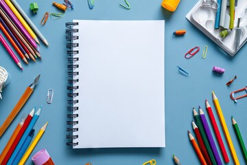 Blank Notebook with Colorful Stationery on Blue Background.