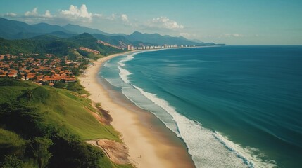 An aerial view the ocean and beach. Aerial video the aerial view of the sao praia. A field of sao shallow in brazil with a sao of depth. A bird's-eye perspective of the sea and lifestyle a shoreline.
