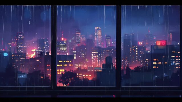 lofi anime city view from a window with falling rain and purple blue neon lights