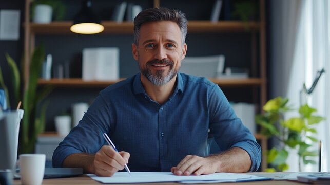 Man sitting at desk with pen and paper. Blue eyes of video manager at the desk. A relaxed camera notes the home office. A man at a desk holding a pen and lifestyle paper. - Powered by Adobe