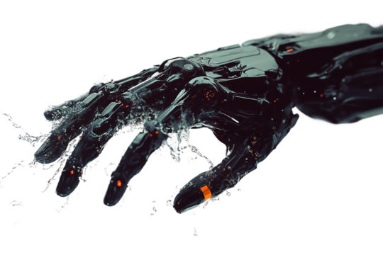 Futuristic mechanical hand emerging with water splashing around isolated on transparent background