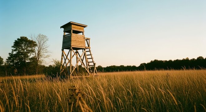 Wooden hunting stand in a golden field at dawn