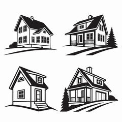 Black and white house illustrations home building