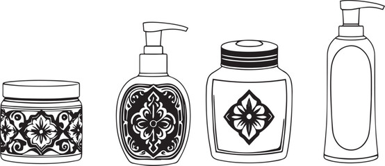 A set of cosmetic containers. Jars, vials, bottles, tubes. Hand drawn vector illustration