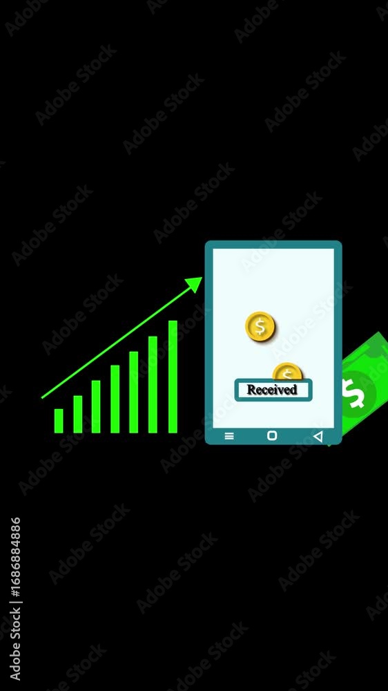 Poster gold coin appears in tablet notification animation vertical video. animated tablet alert with golden