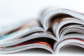 Stack of open glossy magazines with curved pages on a white background.