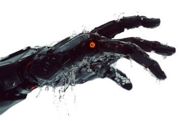 Sci-fi robot hand breaking through water surface isolated on transparent background